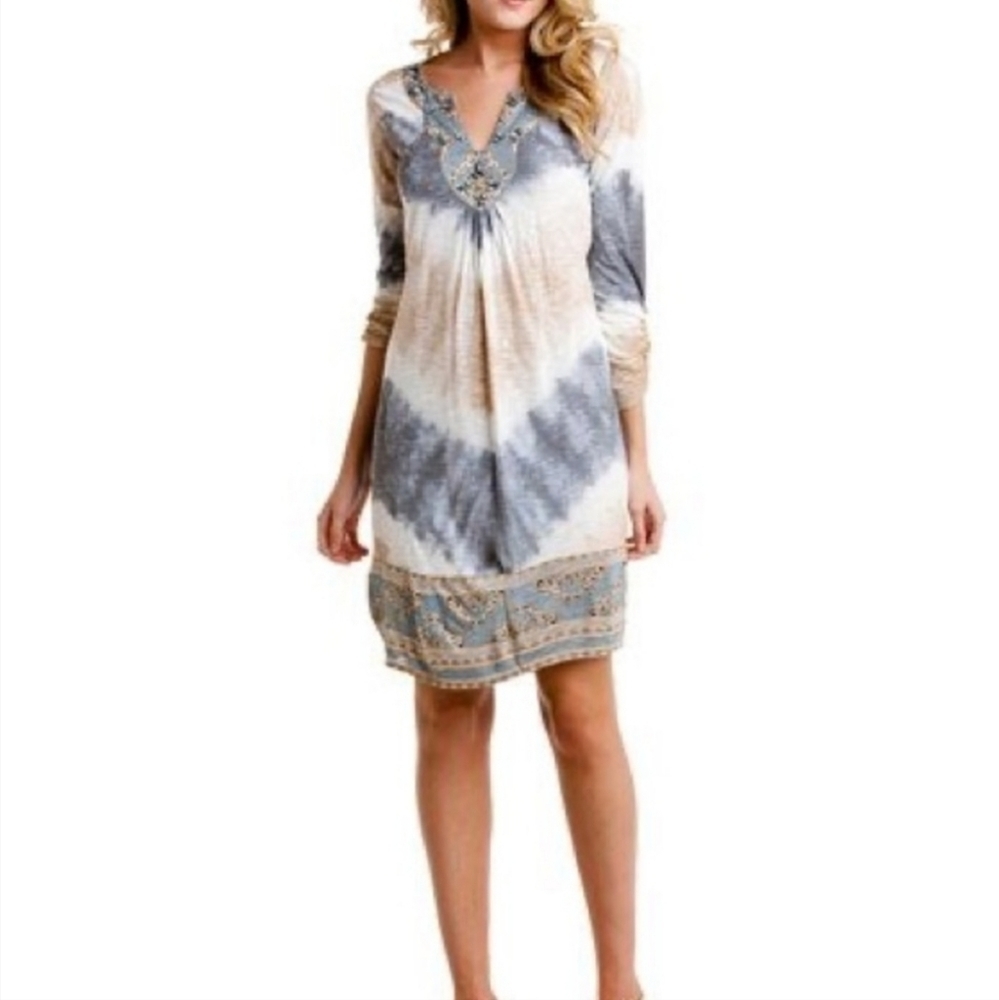 Hale Bob Cabana Beaded Tunic Dress‎ S Blue Beige Tie Dye Split Neck Rayon Boho